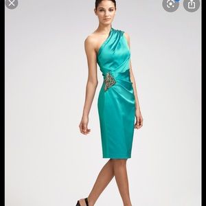 David Meister one shoulder satin blue dress